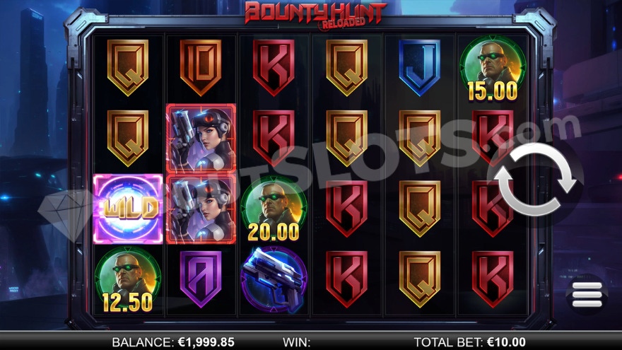 Base game with a Wild symbol on the first reel in Bounty Hunt Reloaded slot.