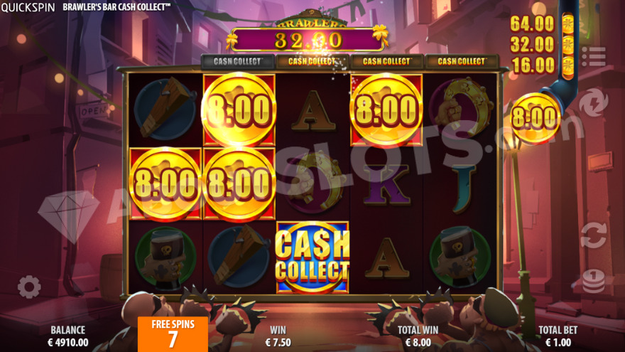Bonus game with free spins showing two characters fighting beneath the reels.