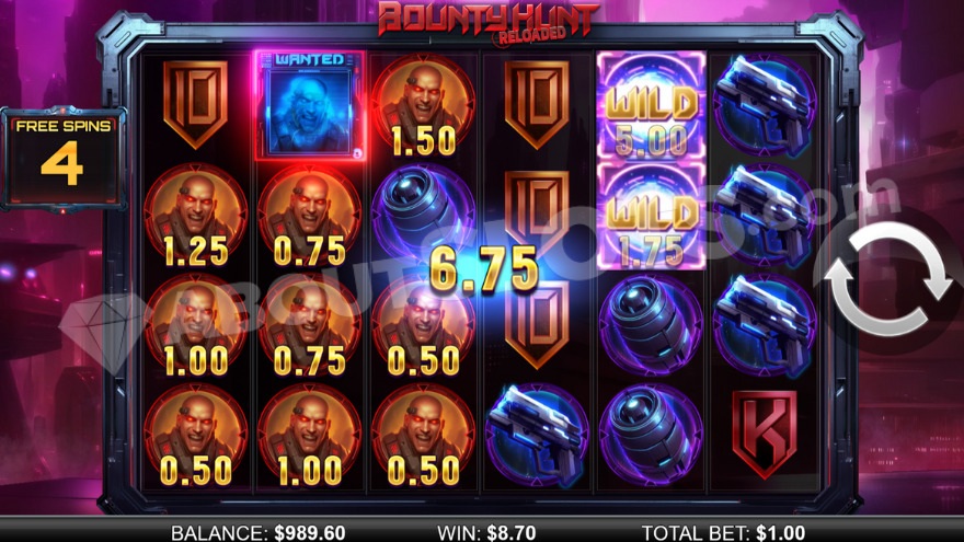 Free Spins bonus game with two wild symbols on the reels in Bounty Hunt Reloaded.
