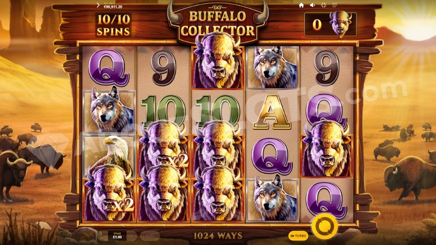 Collection feature during the tenth spin, with seven buffalo symbols on the reels.