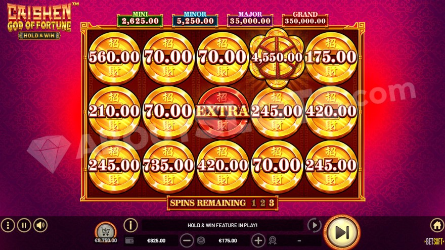 Hold and Win feature where all positions are filled with coin symbols.