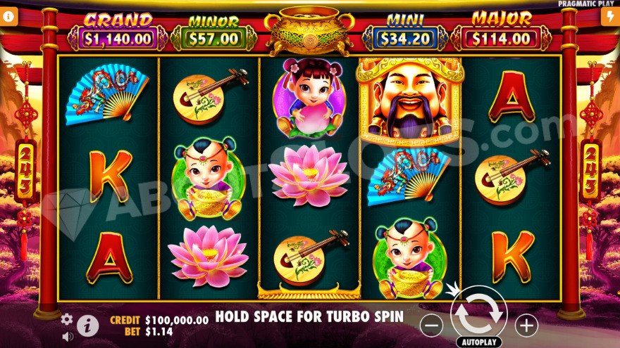 Caishen's Gold slot main gameplay with jackpots displayed above the reels.