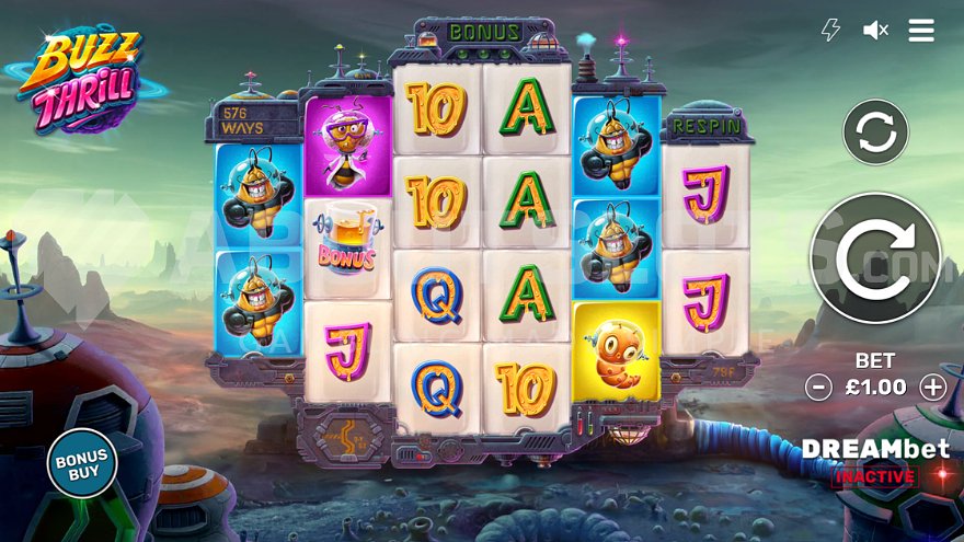 Buzz Thrill slot base game on a desert planet.