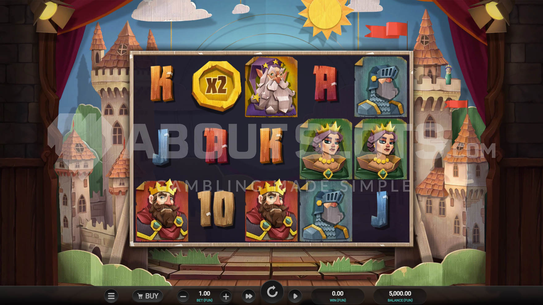 Base game showing a 5x3 grid against a backdrop of a stage with cardboard medieval castle scenery.