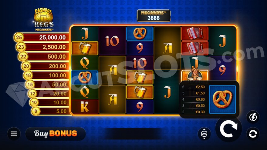 Game screen with 6 reels and German-themed symbols.
