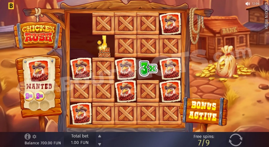 Chicken Rush Bonus Game with collected multiplier symbols on the left.