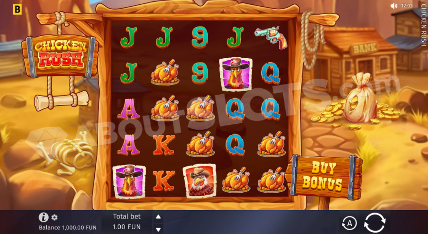 Chicken Rush main gameplay with the bank on the right side of the reels.