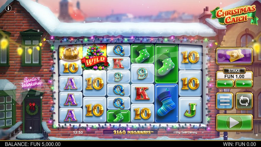 Megaways style game grid on the wall of Santa's workshop in Christmas Catch Slot.