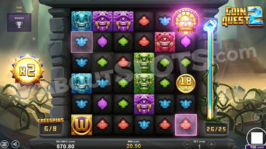 Spin of six of the eight reels with a 2X multiplier to the left of the reels.