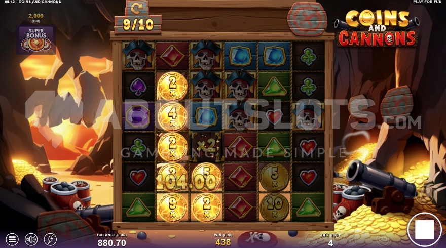 Screenshot of Super Free Spins mode in a cave filled with gold and cannons