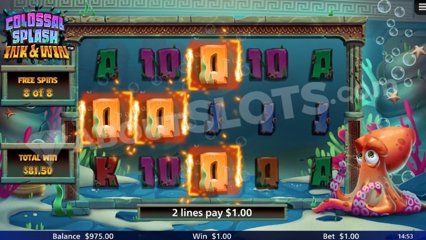 Free Spins bonus game with two winning lines on the reels.