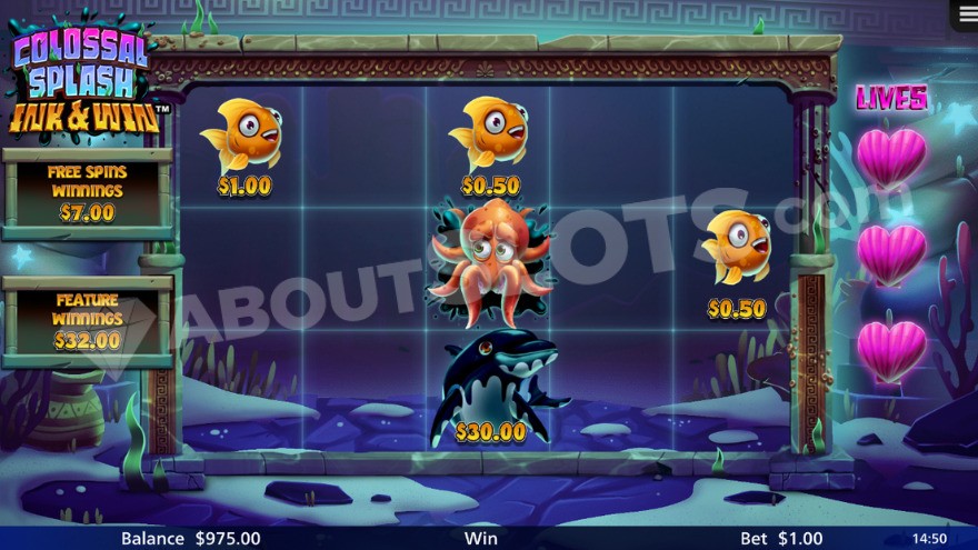 Ink & Win feature with an octopus image on the center reel.