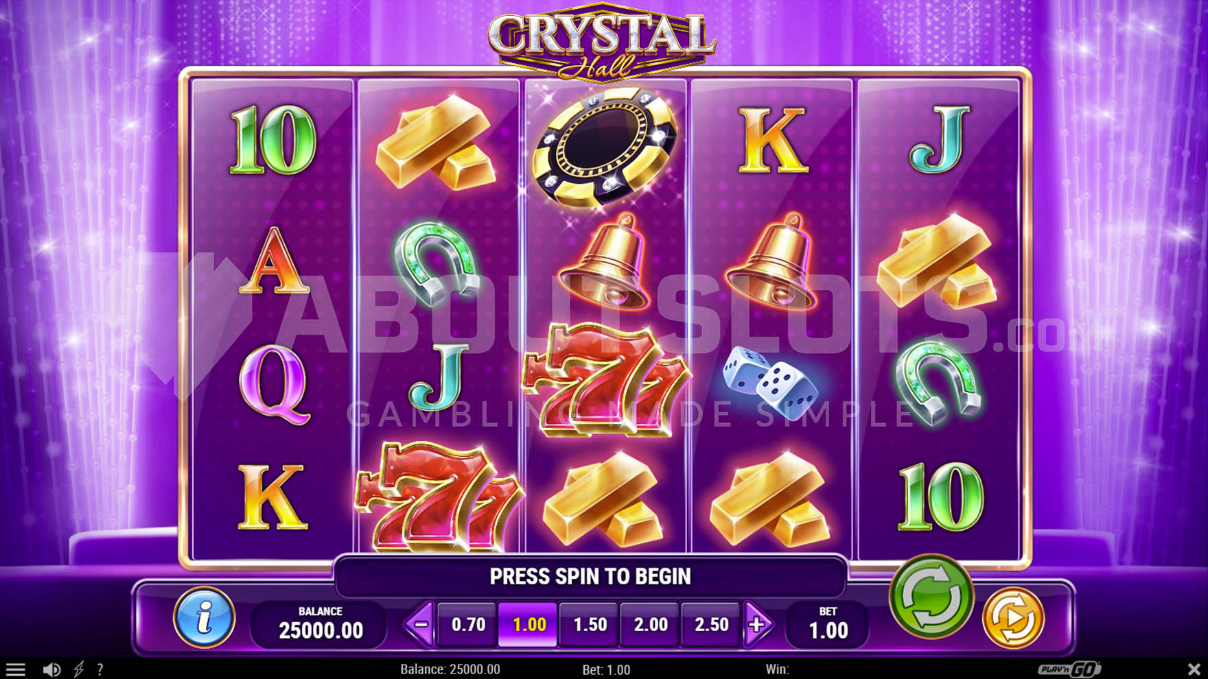 Base game view featuring a 5x4 grid with a mix of high, low pay, and special symbols in Crystal Hall Slot.