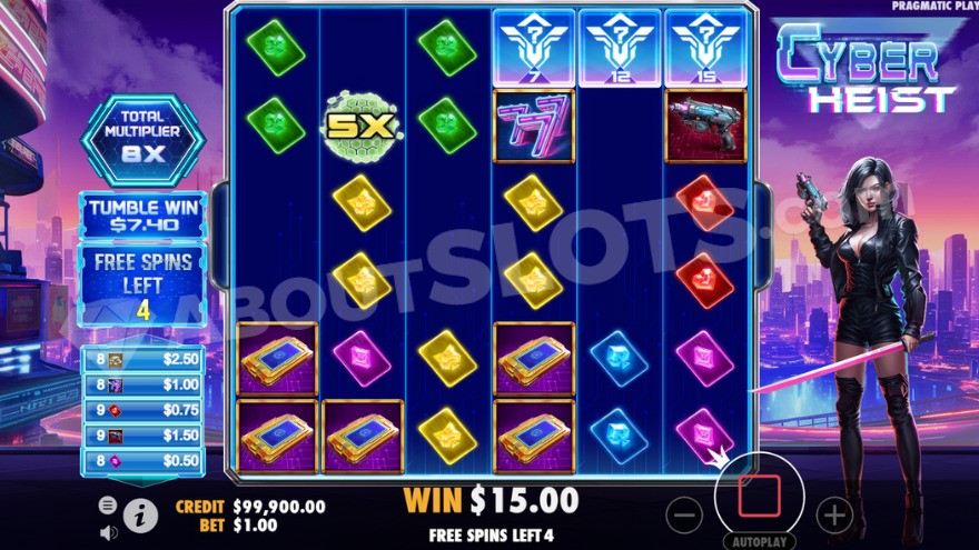 x5 Multiplier symbol on the second reel during Free Spins mode.