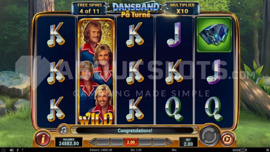 Free Spins Bonus Game with a fully expanded wild symbol on the second reel.