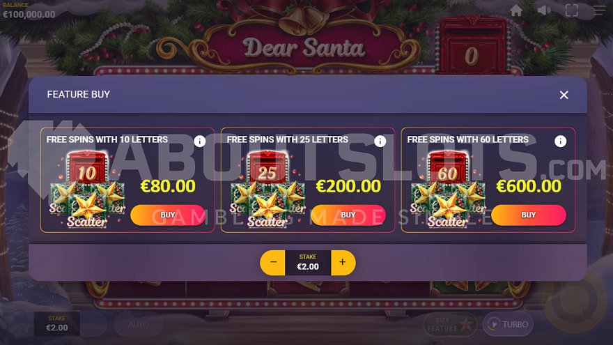 Menu offering Free Spins for 40X, 100X, and 300X the stake.