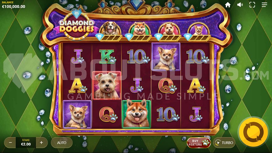 Dog-themed slot machine gameplay.