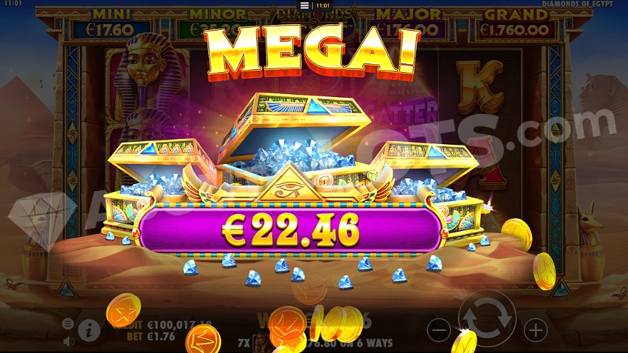 Three treasure chests adorned with diamonds, with text overlaying: “Mega, €22.46.”