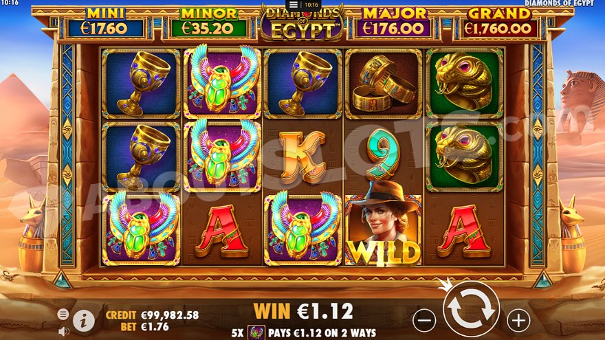 Winning spin with four scarab symbols on reels 1, 2, and 3.