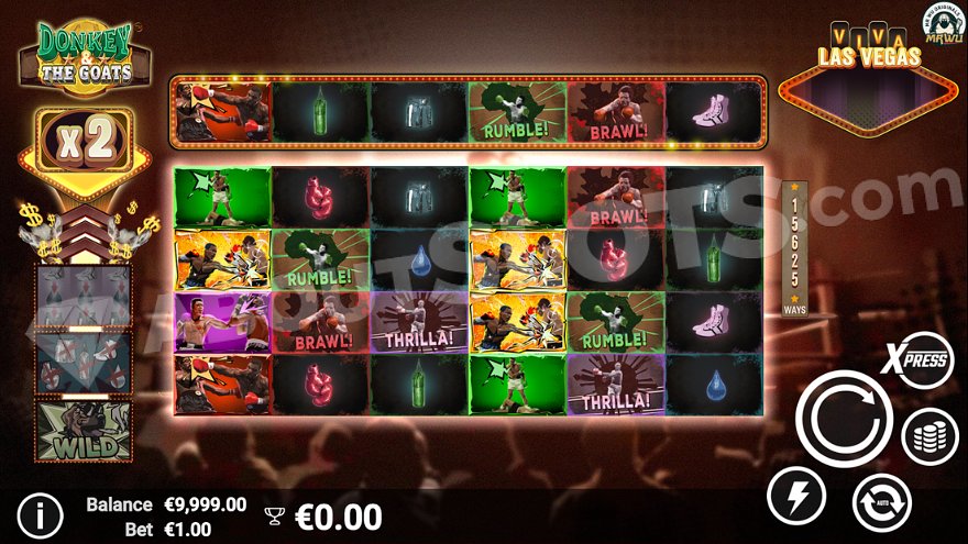Donkey & the GOATS slot machine featuring boxer and boxing equipment symbols.