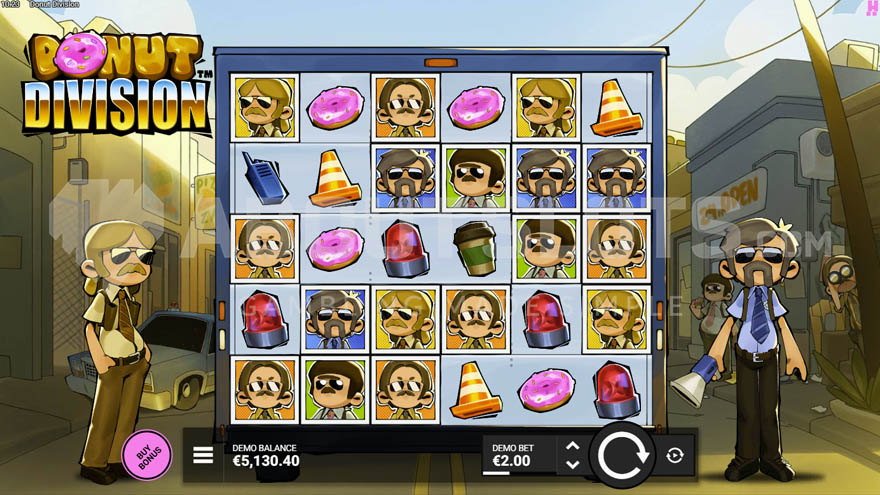 Donut Division Base Game with police officers on reel sides.