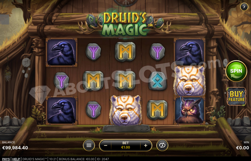 Druid's Magic base game with a forest hut backdrop.