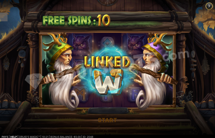 Druid's Magic bonus game introduction with linked wilds feature selection.