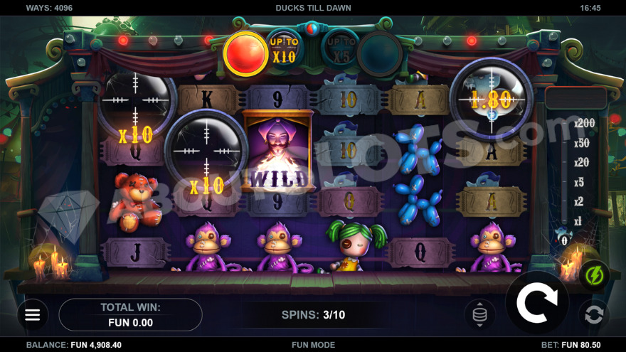 Free Spins bonus game with a wild symbol on the third reel.