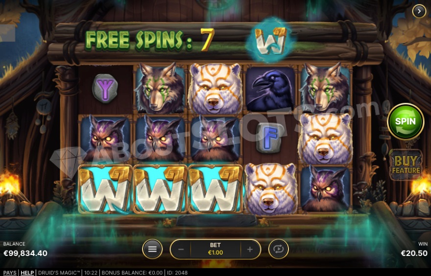 Druid's Magic free spins bonus game with linked wilds feature.