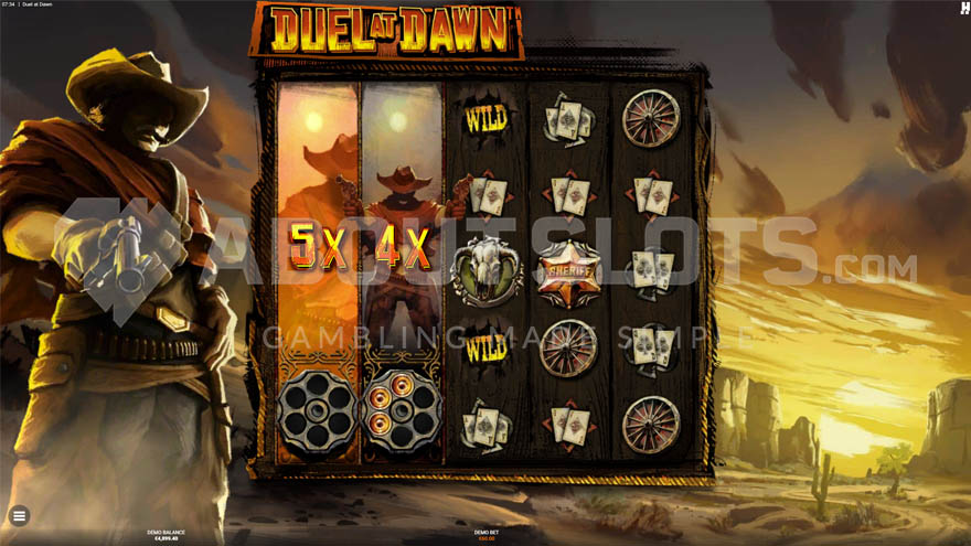 The Outlaw Feature with two fully expanded wild symbols on the first and second reels.