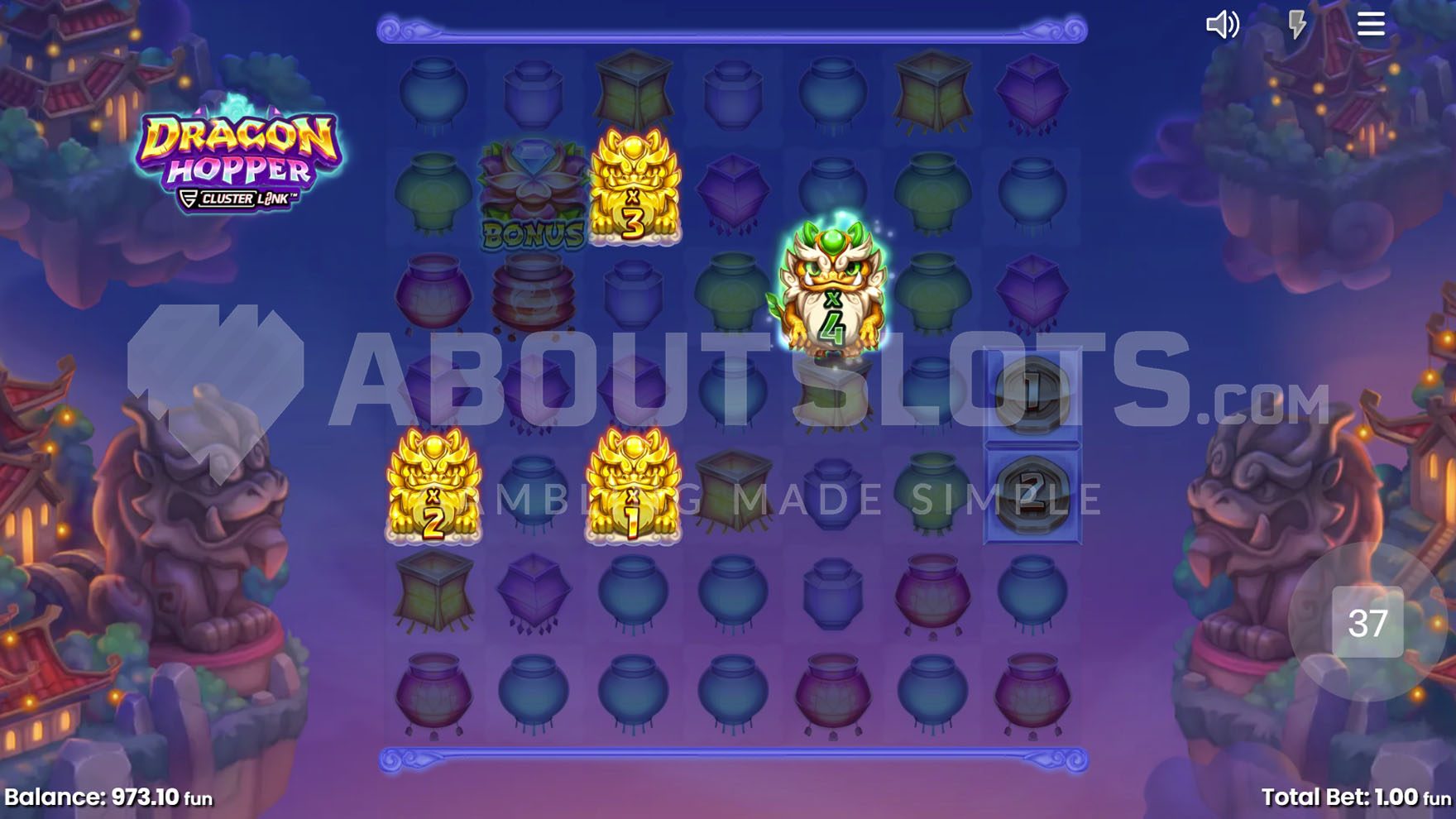 Dragon Feature activated with 4 positions transformed into Wild symbols with multipliers.