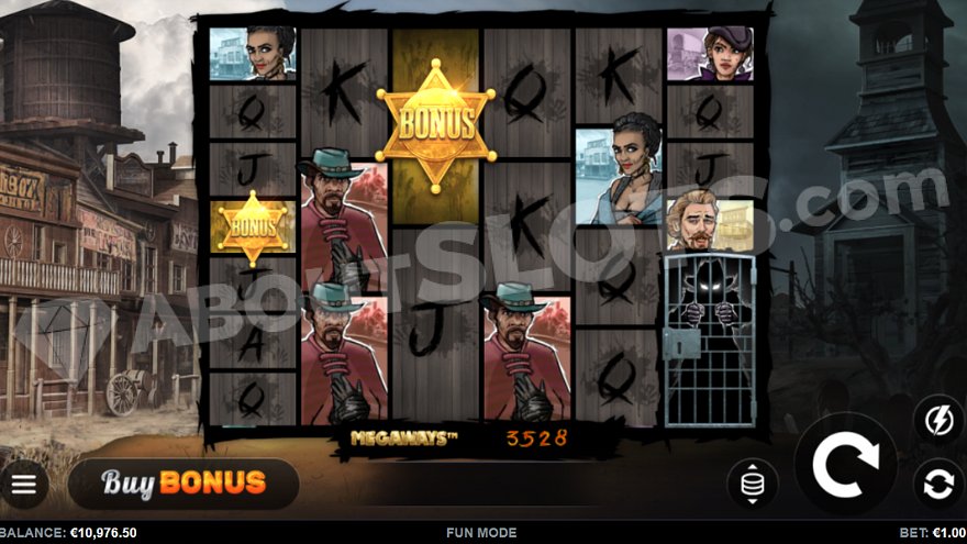 Six reels with sheriff icons and characters in a deserted Wild West town.