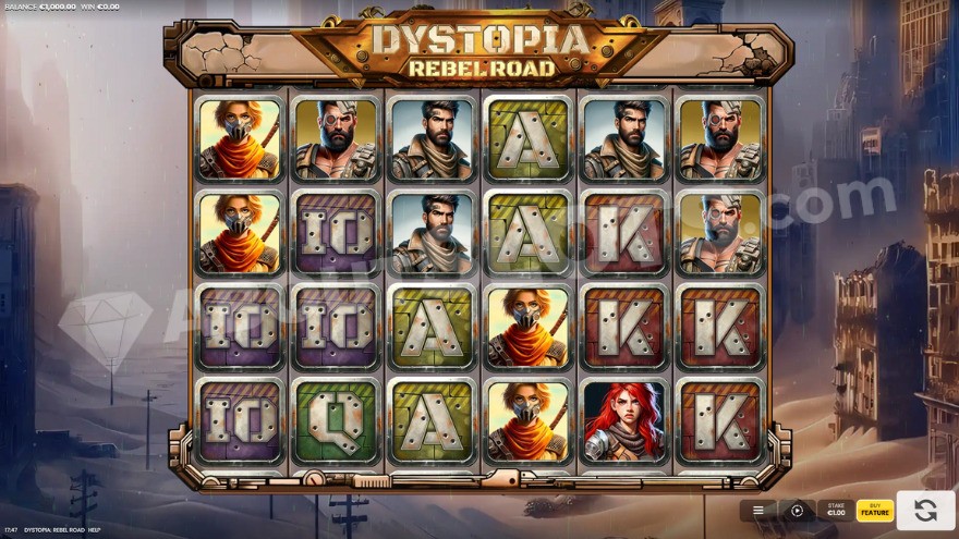 Dystopia Rebel Road base game featuring a sand-covered dystopian city backdrop.