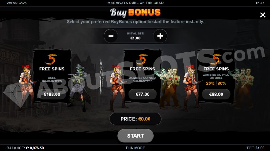 Menu offering free spins in three options: 77X, 98X, and 183X of the bet.