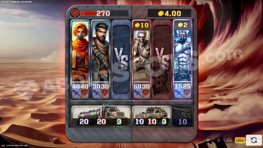 Dystopia Rebel Road Showdown Spins bonus game with a vast desert backdrop.