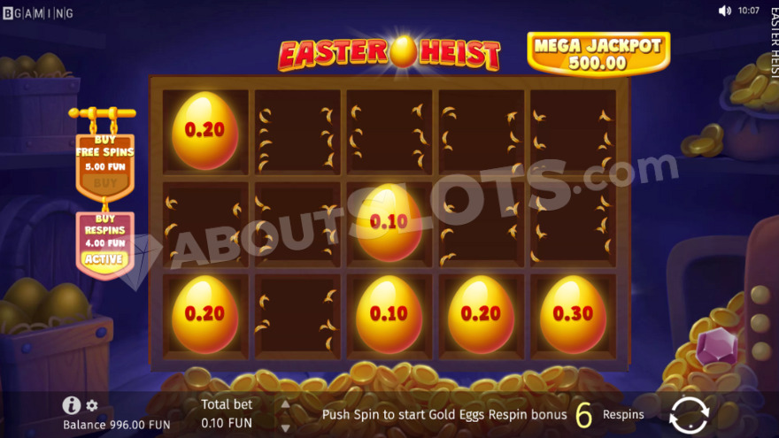 Gold Eggs Respin feature in Easter Heist with 6 golden eggs on the reels.
