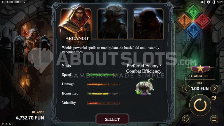 Screen displaying three heroes available for player selection.