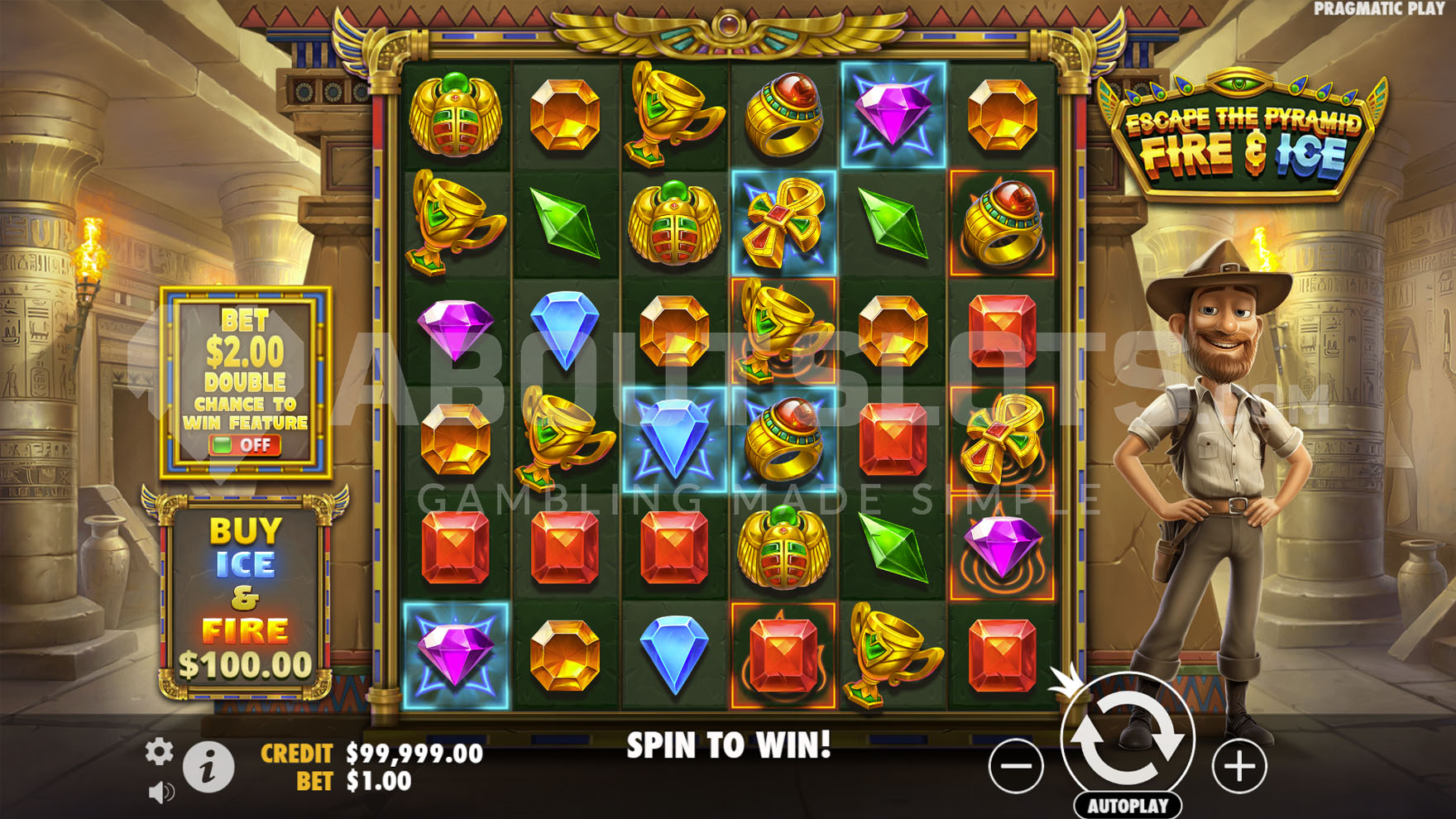 Base game view of Escape the Pyramid Fire & Ice slot, showing a 6x6 grid in an Egyptian pyramid and a cartoon explorer standing to the right.