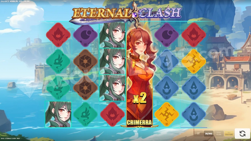 Base game showing a Big Symbol on the fourth reel with a 2X multiplier.