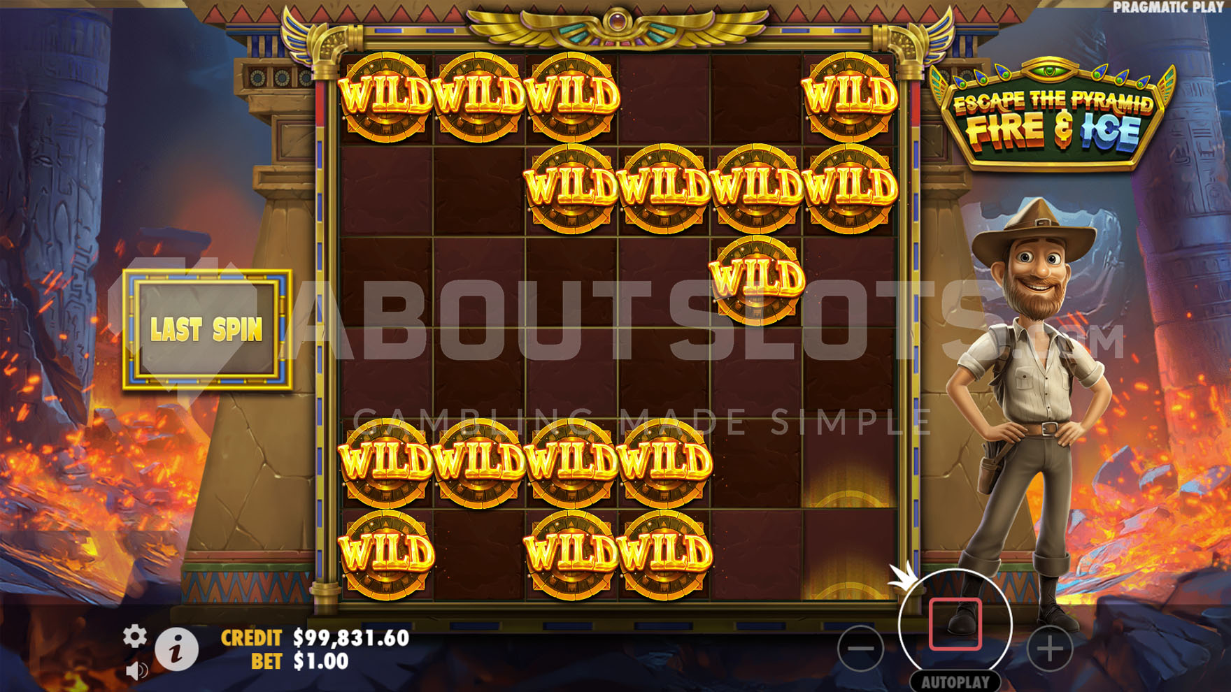 Activated Fire and Ice feature with multiple Wild symbols attached to the grid.