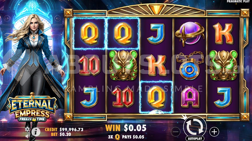 Winning combination with Q symbols on reels 1, 2, and 3.