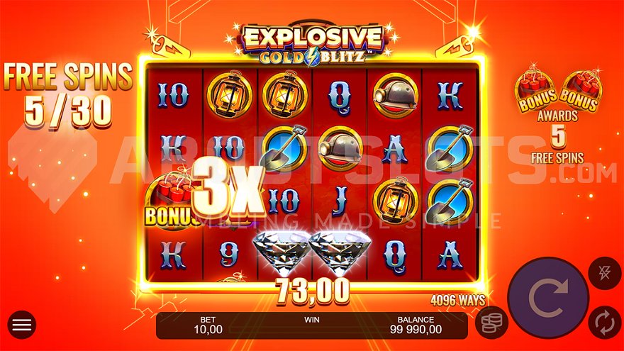 A win of 7.3x the bet on the fifth of 30 free spins in Explosive Gold Blitz.