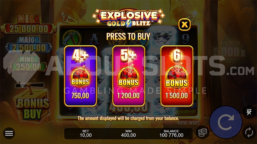 Screen offering feature buy for free spins at 75X, 120X, and 150X the stake.