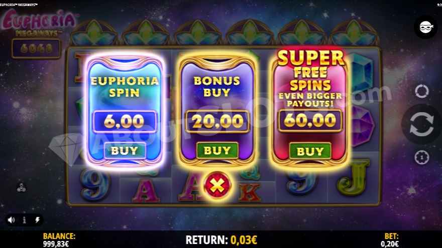 Slot machine with three different bonus buy options.