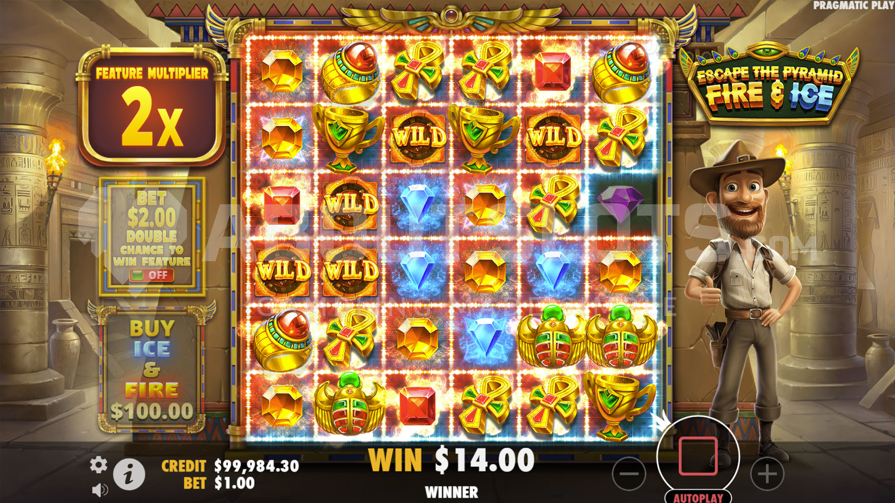 Activated Fire Feature with several Wild symbols contributing to winning combinations and an accumulated x2 multiplier.