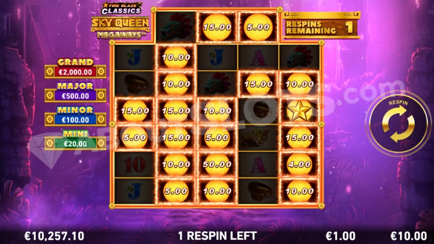 Hold & Respin feature activated, with Sun symbols occupying many positions.