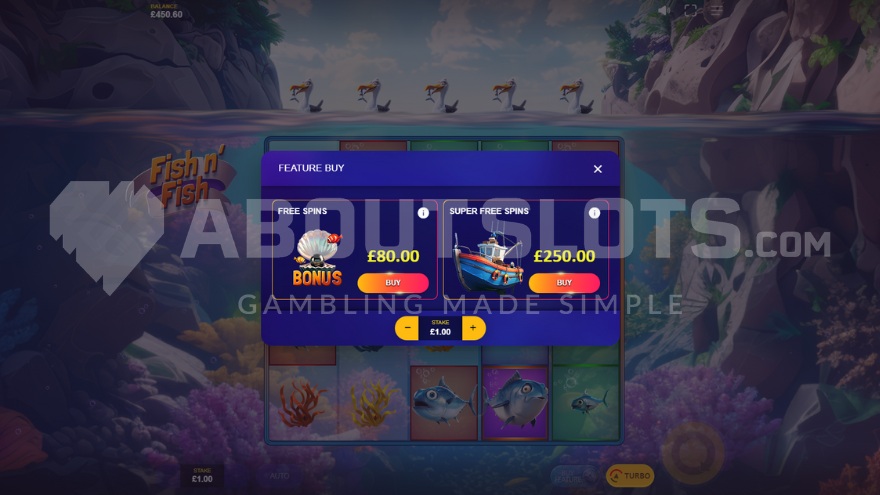 Fish n' Fish Feature Buy Menu showcasing options for bonus access.