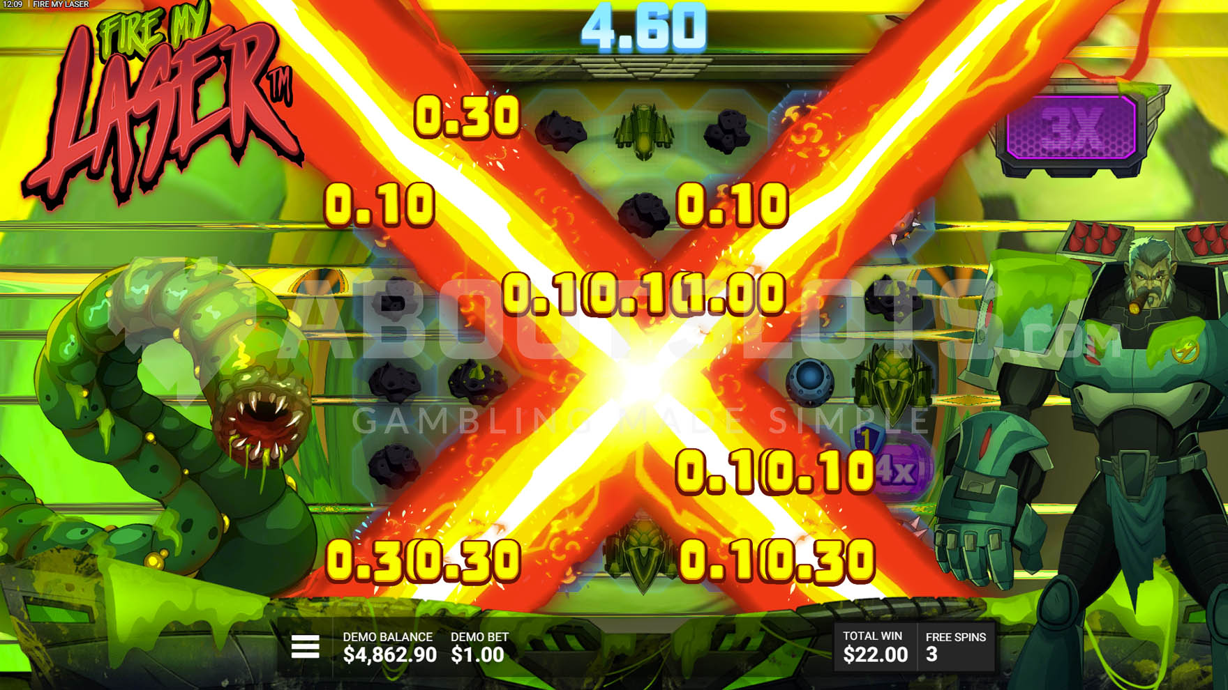 Alien Attack Bonus activated, showing a win achieved through the Super Laser feature.