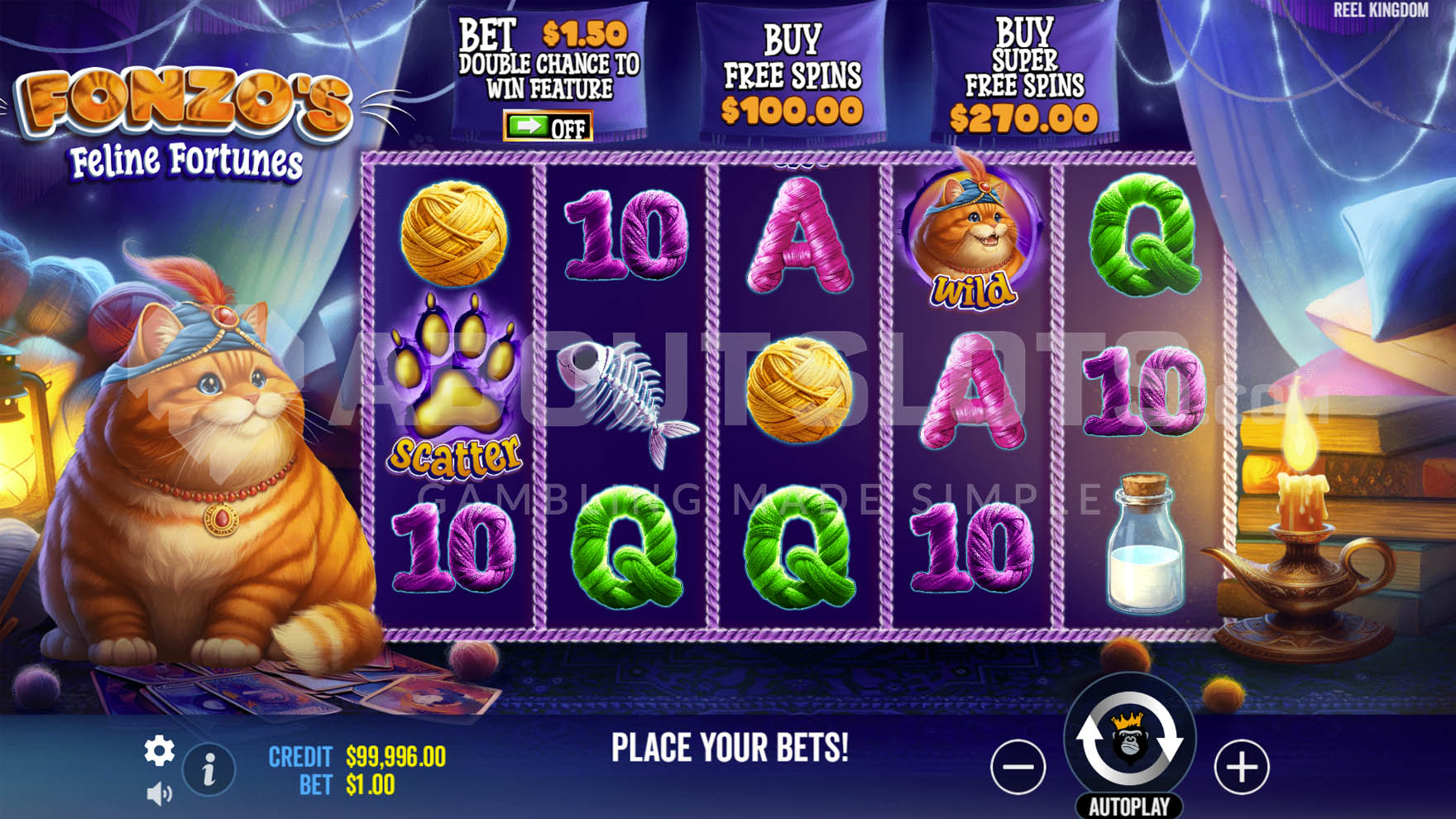 Basic game view with a 5x3 grid, various symbols, and Fonzo the cat on the left.