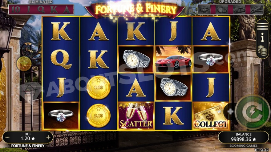 Cash Collect feature in Fortune & Finery slot, showing removed and upgraded symbols above the main reels.